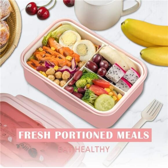 Bento Lunch Box 3 Compartment Meal Prep Container with Fork Spoon BPA Free - Picture 6 of 7